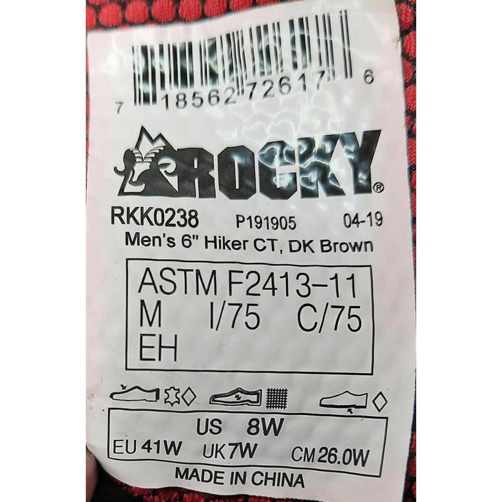 Rocky Men's 6" Hiker CT Boots Dark Brown Size 8 Wide - Picture 6 of 6